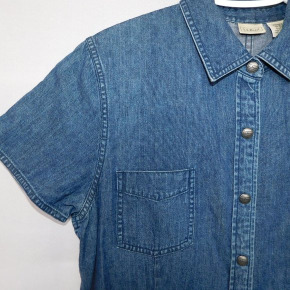 LL Bean Womens 14 Snap Front Blue Denim short sleeve Midi Dress - Picture 6 of 10